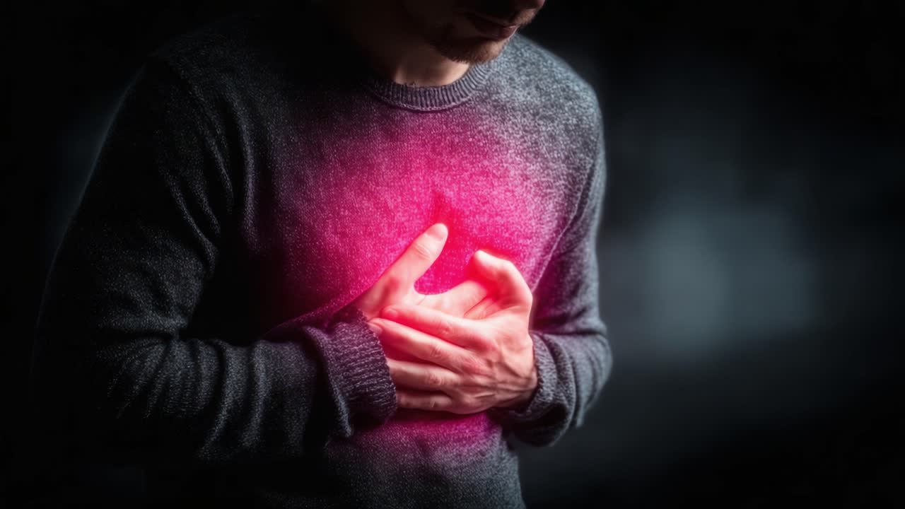 男性が両手で胸を押さえ不快感を覚える様子。その感情的および肉体的な影響を印象的なビジュアルで表現。