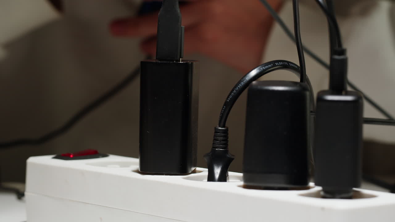 White power strip with many various of cords and cables in close-up. An extension cord with many power sockets. Adapter with phone, headphones, usb connectors.Tangled wires on table. Trying to untangle many messy cables.