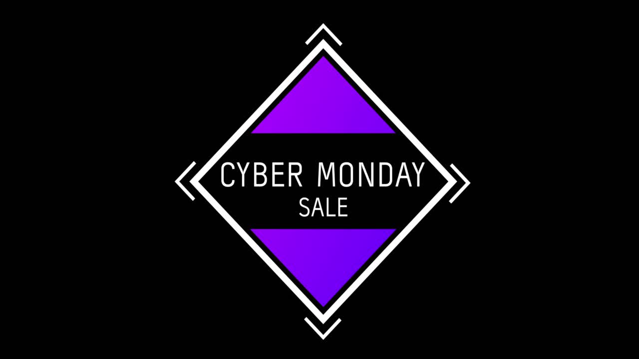 White and purple Cyber Monday Sale text appearing against a black screen