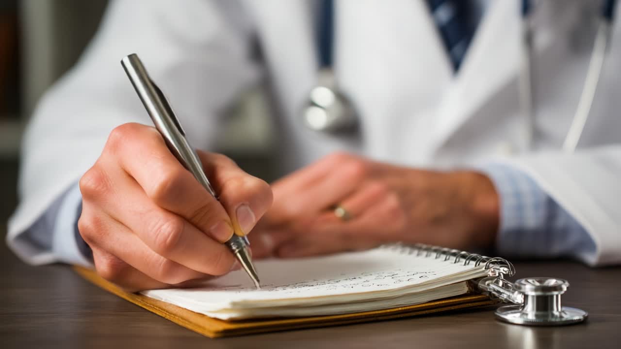 A Dedicated Professional in a White Coat Writing Notes with Precision, Capturing the Essence of Healthcare and Dedication in a Clinical Setting