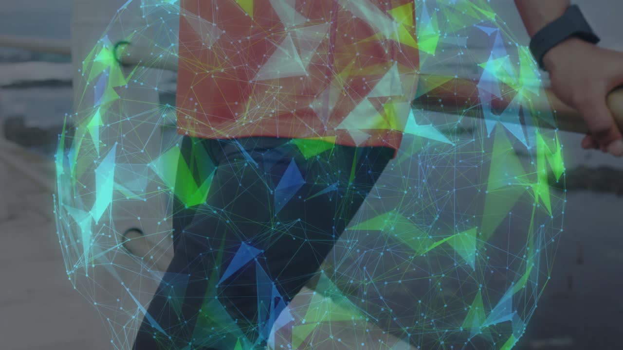 animación de una red esférica brillante que gira sobre un atleta masculino con la cuchilla en marcha descansando