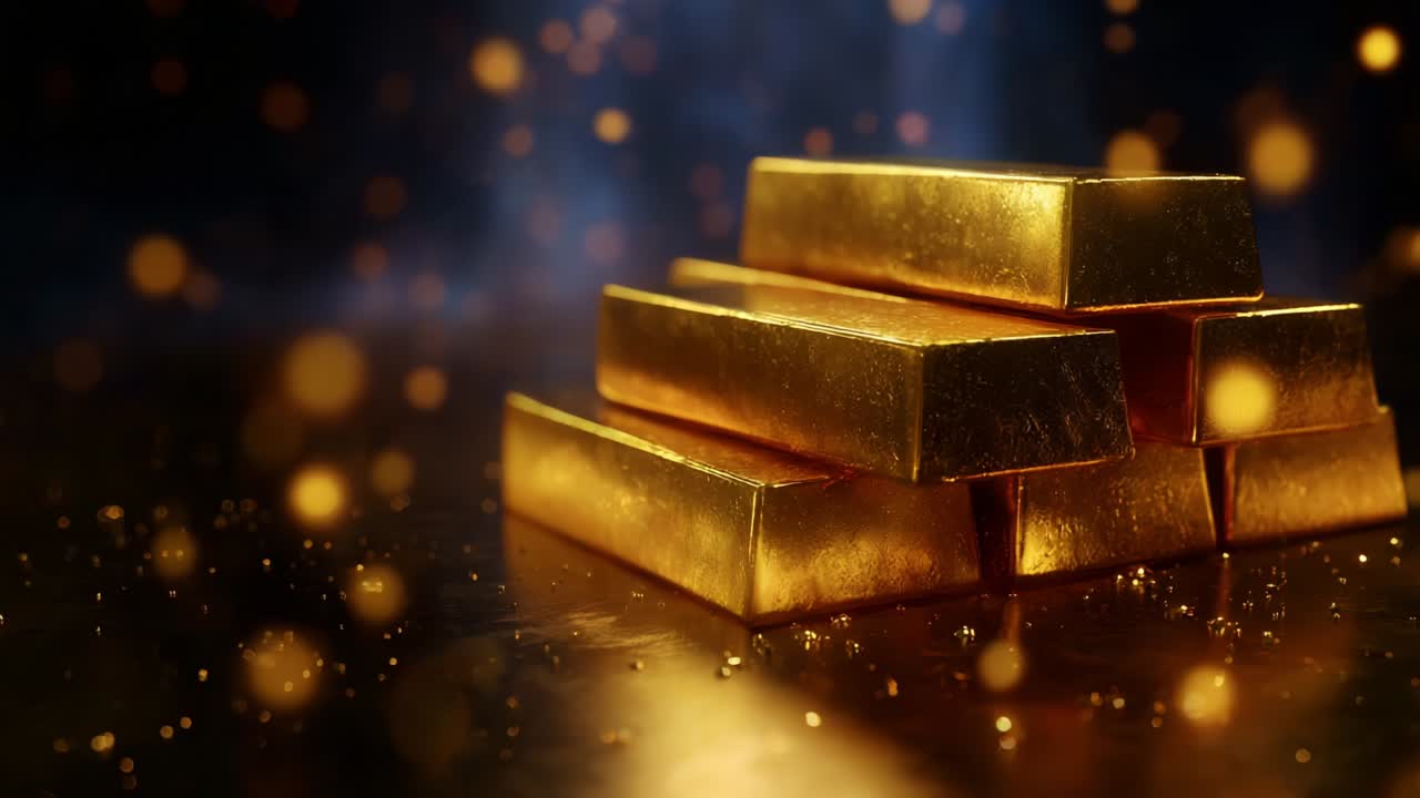 A stunning display of gleaming golden bars stacked elegantly, showcasing the brilliance of precious metals illuminated by shimmering golden lights and a blurred, captivating background that enhances their luxurious appeal