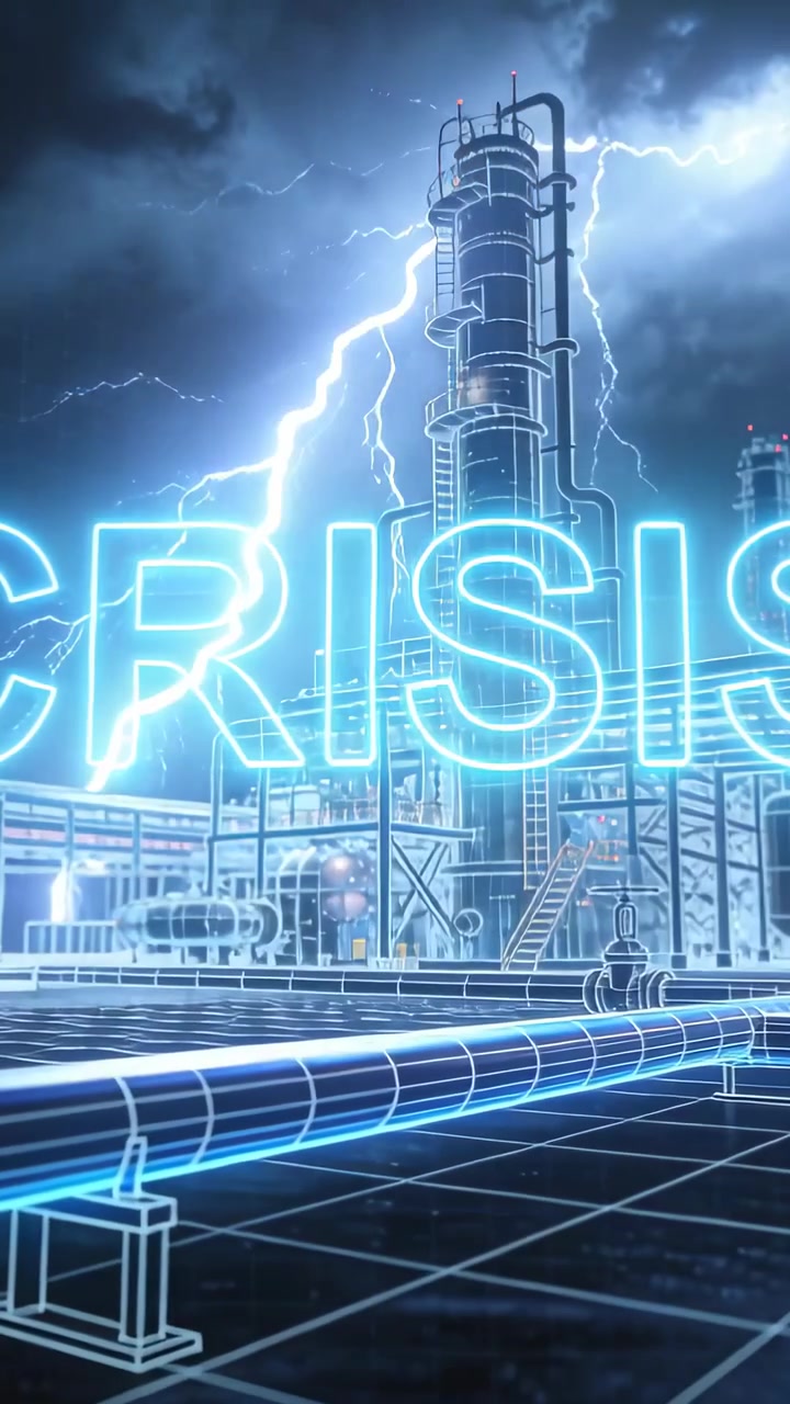 Neon CRISIS word and plant pulsing amid storm, lightning striking and lighting pipe, raising alarm