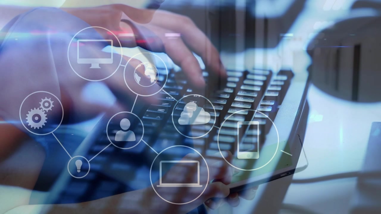 Animation of network of connections over caucasian woman typing on computer keyboard