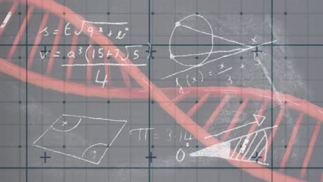 Animation-of-blue-grid-over-rotating-red-dna-helix,-equations-and-diagrams-on-grey-background