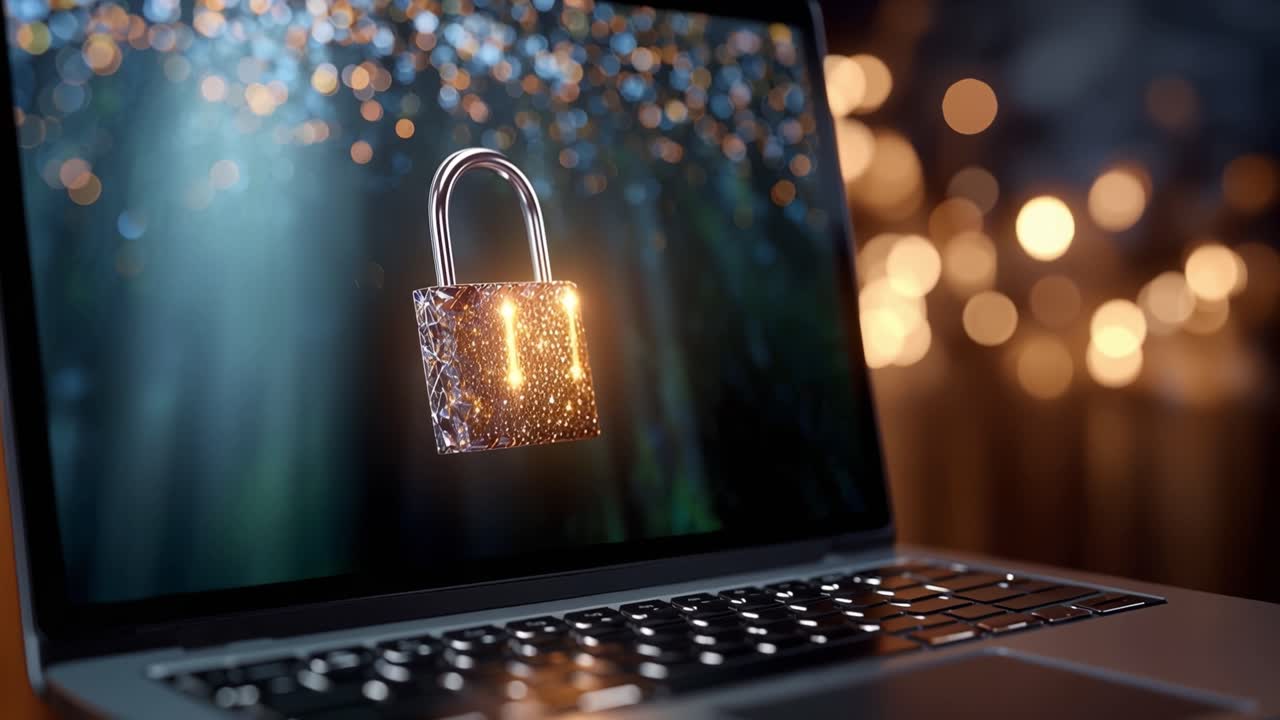 A Glimmering Padlock Appears on a Laptop Screen, Symbolizing Digital Security and Protection Amidst a Captivating Background of Soft Bokeh Lights