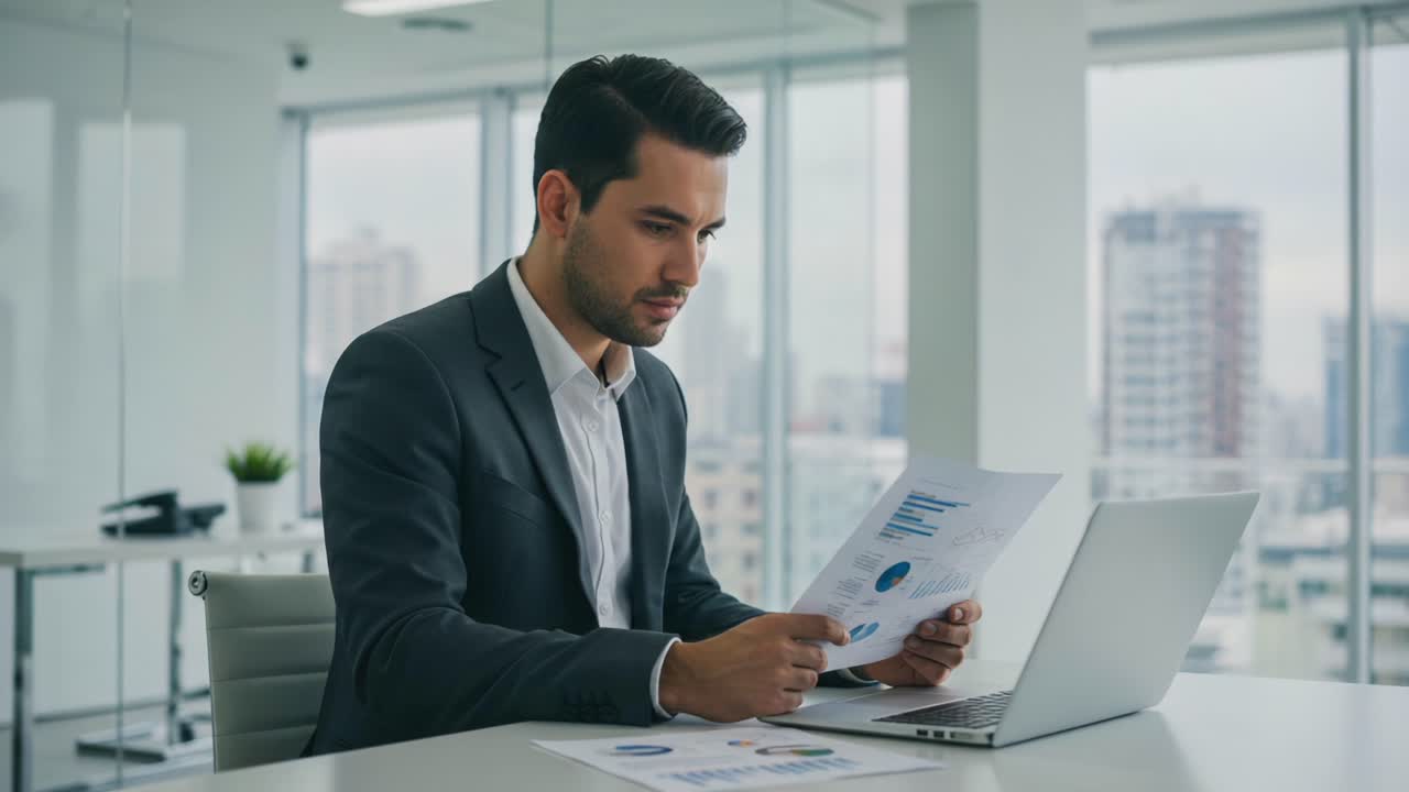 En fokuseret professionel analyserer forretningsrapporter på en moderne arbejdsplads med bærbar computer og dokumenter i hånden, reflekterende over dataindsigt og strategisk planlægning.