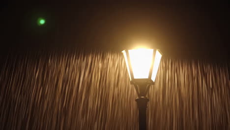 street lamp in heavy rain at night