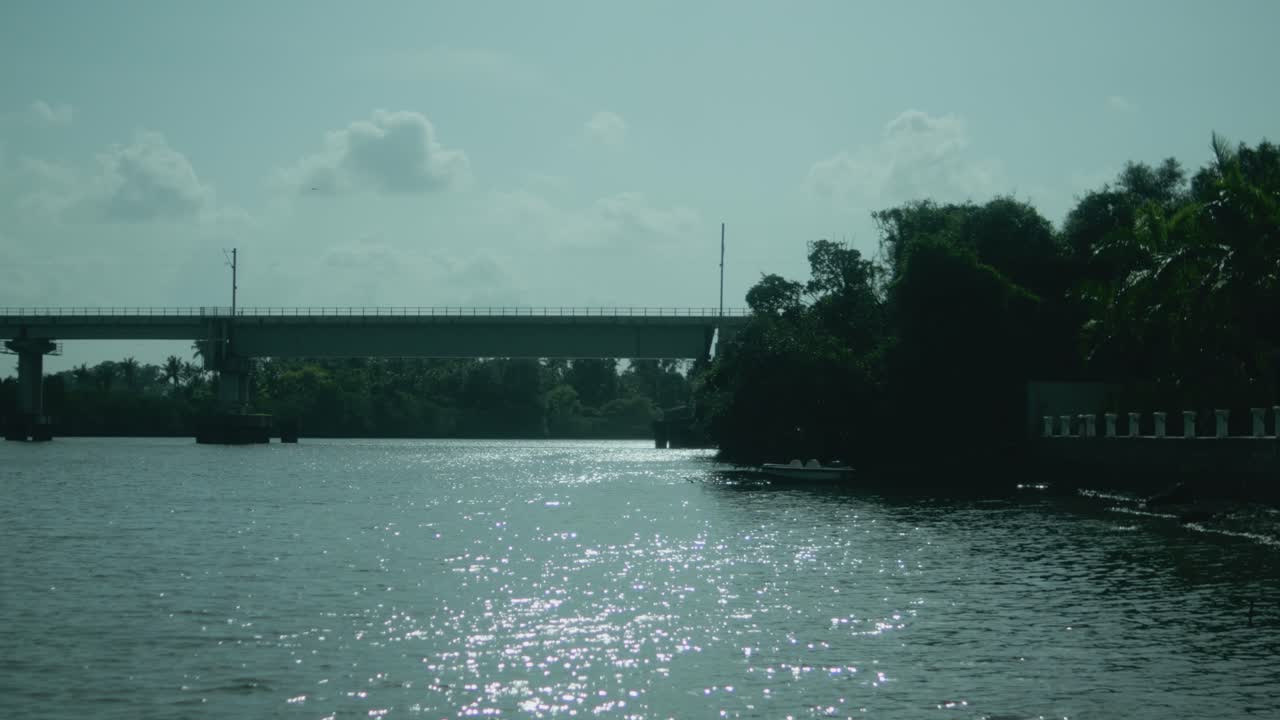 A fixed shot of a water body with a bridge in the background and trees on both sides