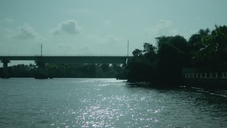 a fixed shot of a water body with a bridge in the background and trees on both sides