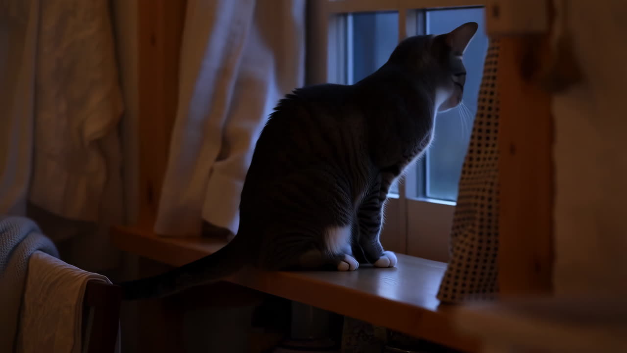 Tabby cat looking out a window at night