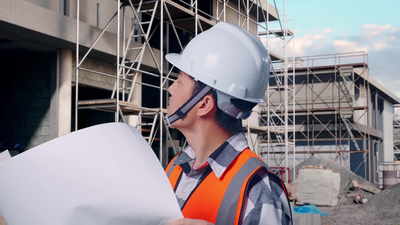 Close Up Side View Of Asian Male Engineer With Safety Helmet Looking At Blueprint In His Hands And Looking Around While Standing At Building & Construction Site in Progress to New House
