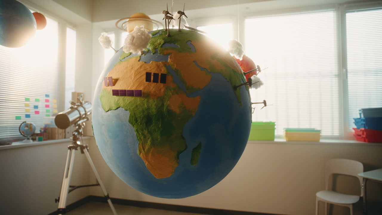 Modern STEM Classroom Rotating Earth Model with Miniature 3D Models of Wind Turbines and Solar