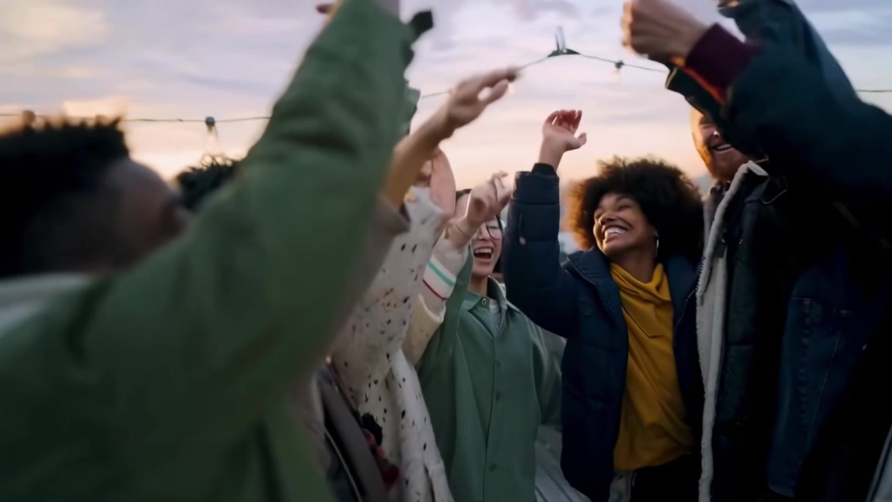 Gruppo eterogeneo di amici che si abbracciano e festeggiano su un tetto al tramonto
