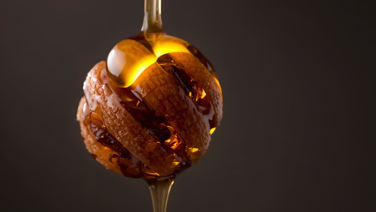 Ugello di erogazione che rilascia sciroppo color ambra, ricoprendo una pallina di pasta dalla consistenza particolare su uno spiedino in studio, formando una goccia