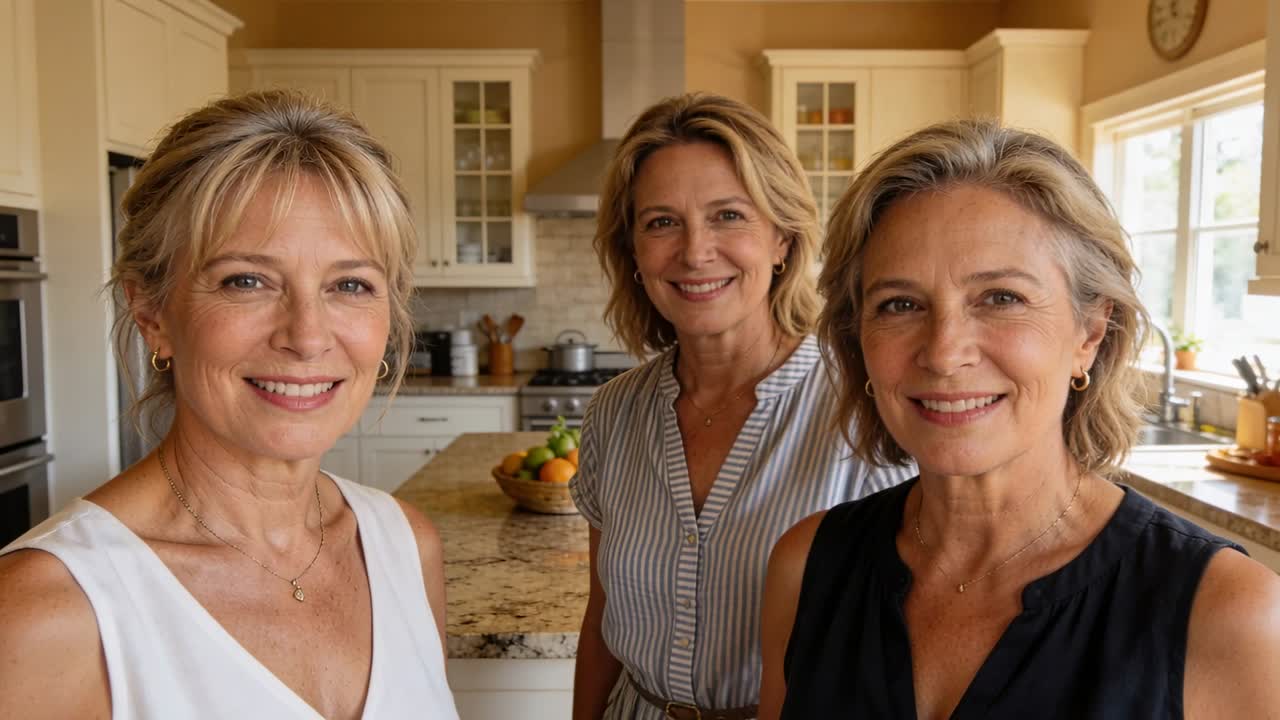 Três mulheres sorrindo, de blusas, fazendo pequenos ajustes perto de uma ilha de granito, com a câmera aproximando para um retrato.