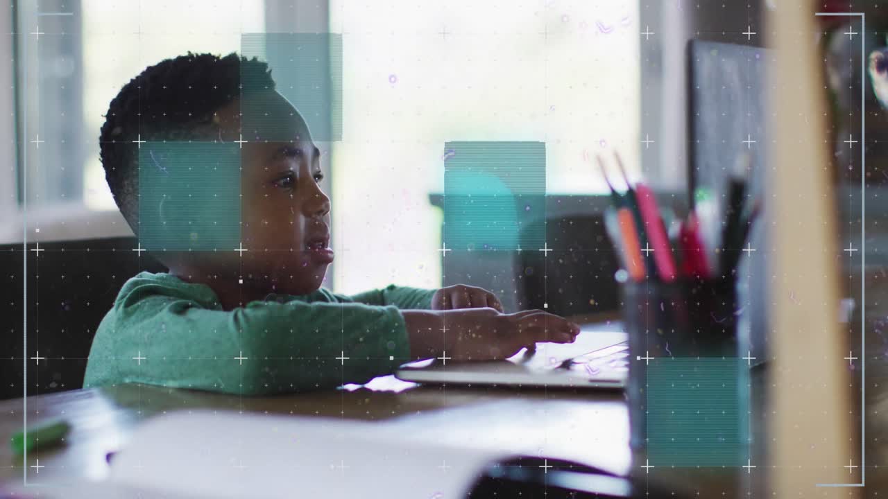 Animation of data processing over african american boy using laptop