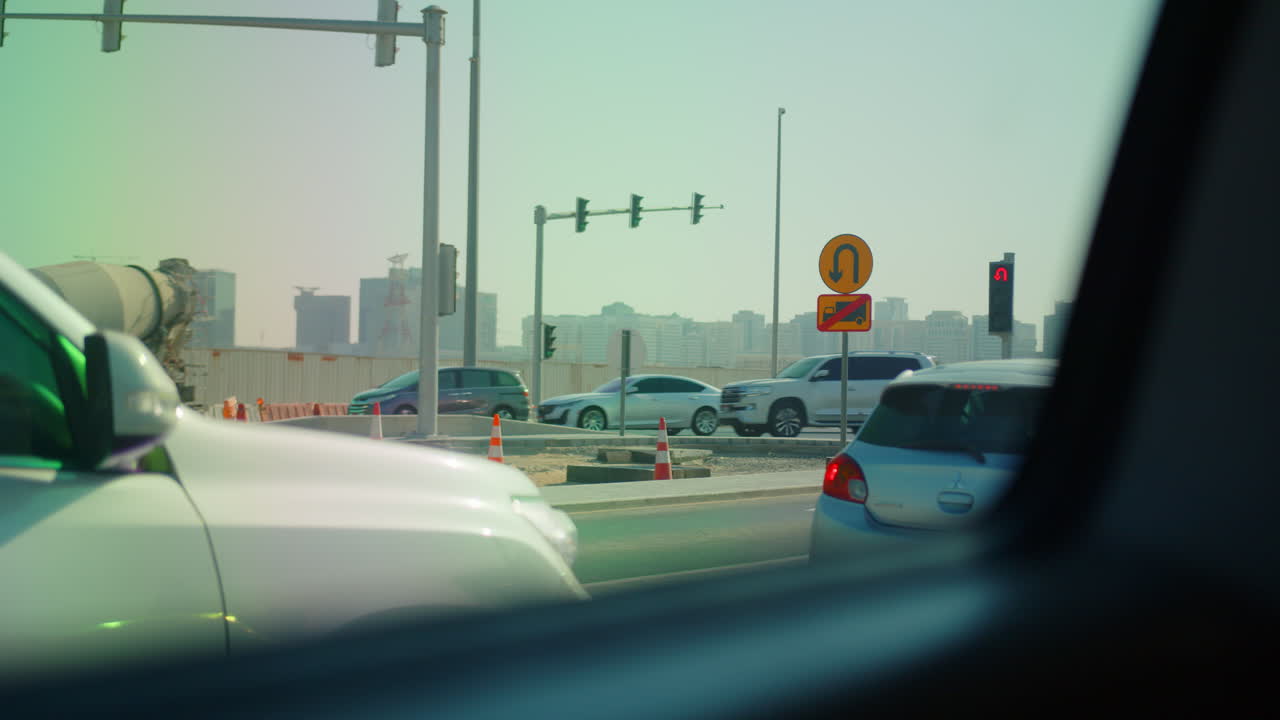 View From Inside a Car With Traffic at a Standstill At a Traffic Light Junction in Dubai, UAE