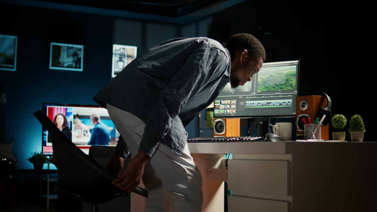 Male video editor working on creative software to create montage