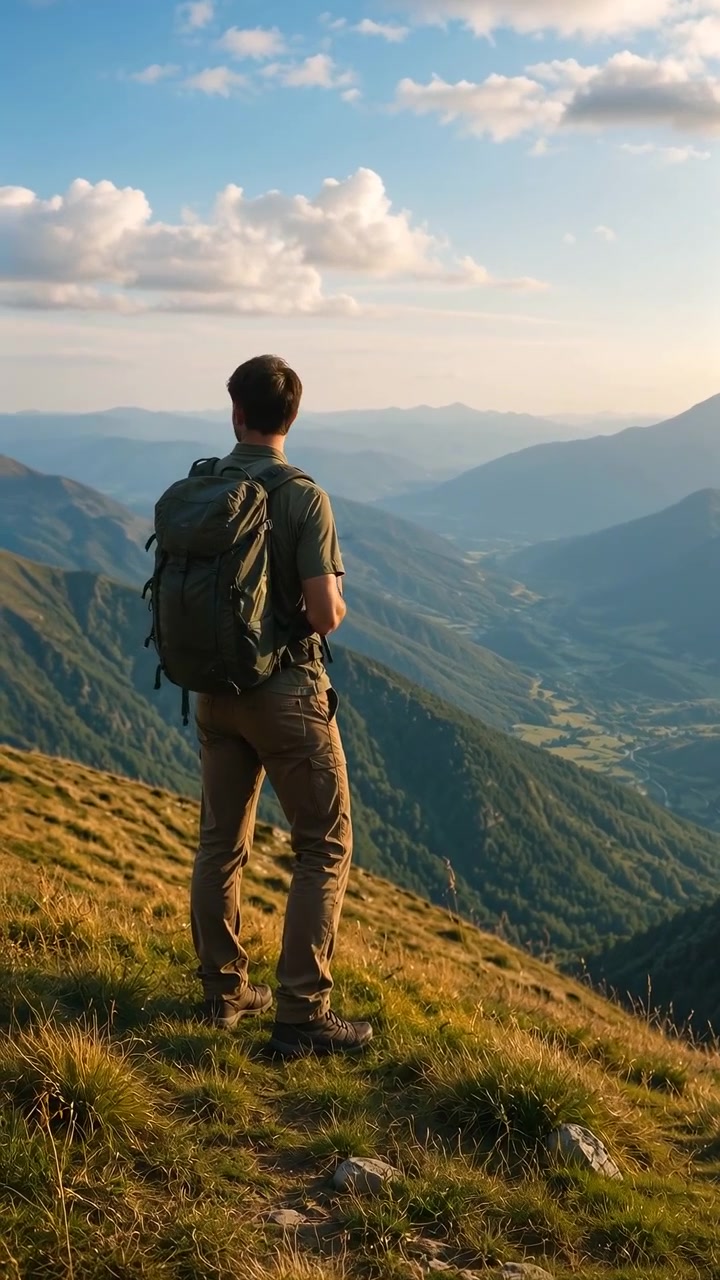 Vista posteriore di un escursionista solitario in piedi su un ripido crinale erboso, che si affaccia su una vasta valle stratificata, pendii boscosi e una lontana cima a forma di cono in una calda luce dorata, con escursionista, montagna, crinale, valle