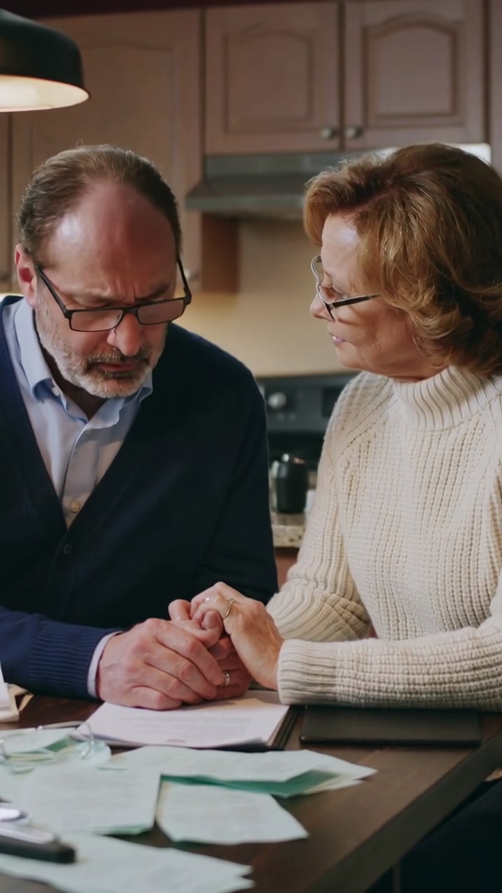 Elderly Couple Holding Hands and Reviewing Financial Documents at Home