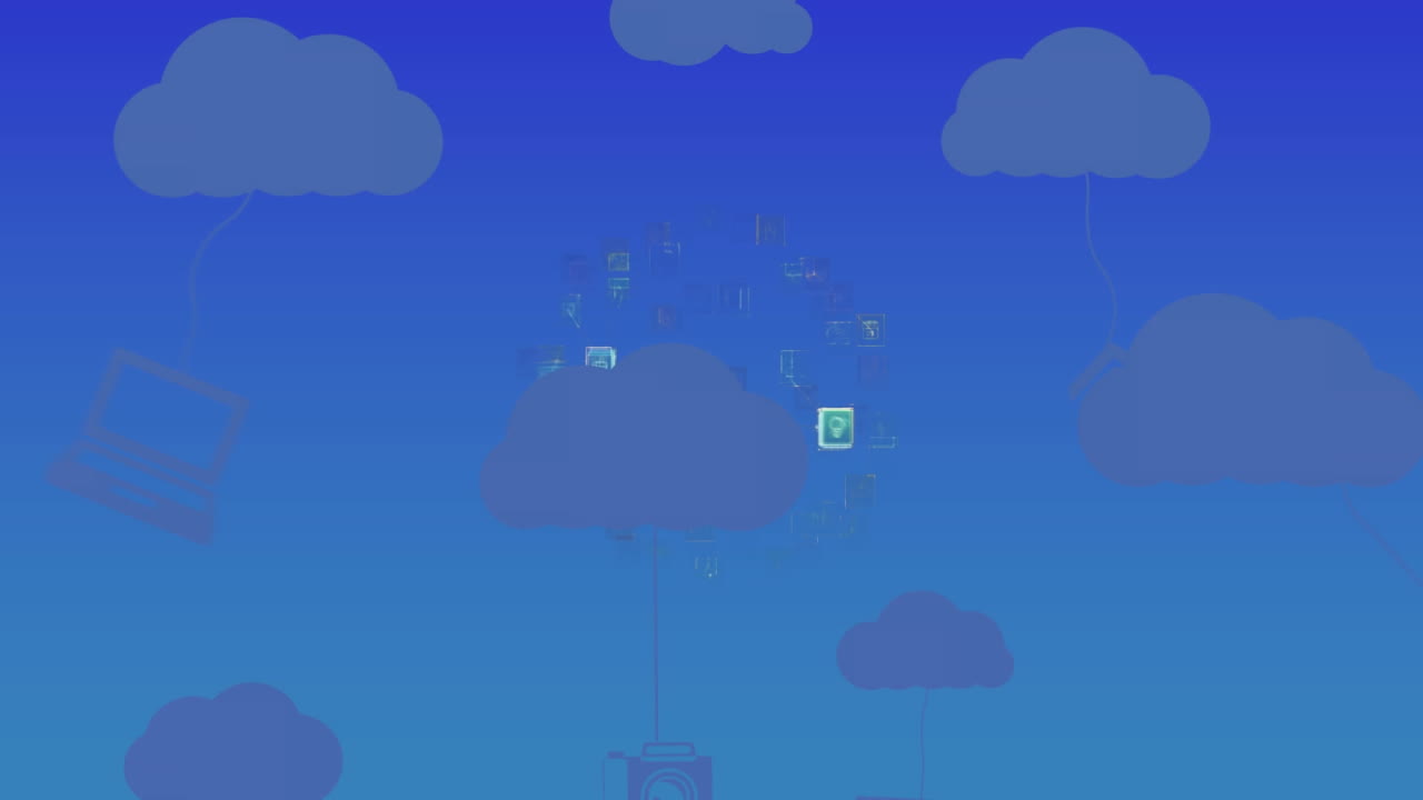 Animation of globe and network of connections over clouds icons