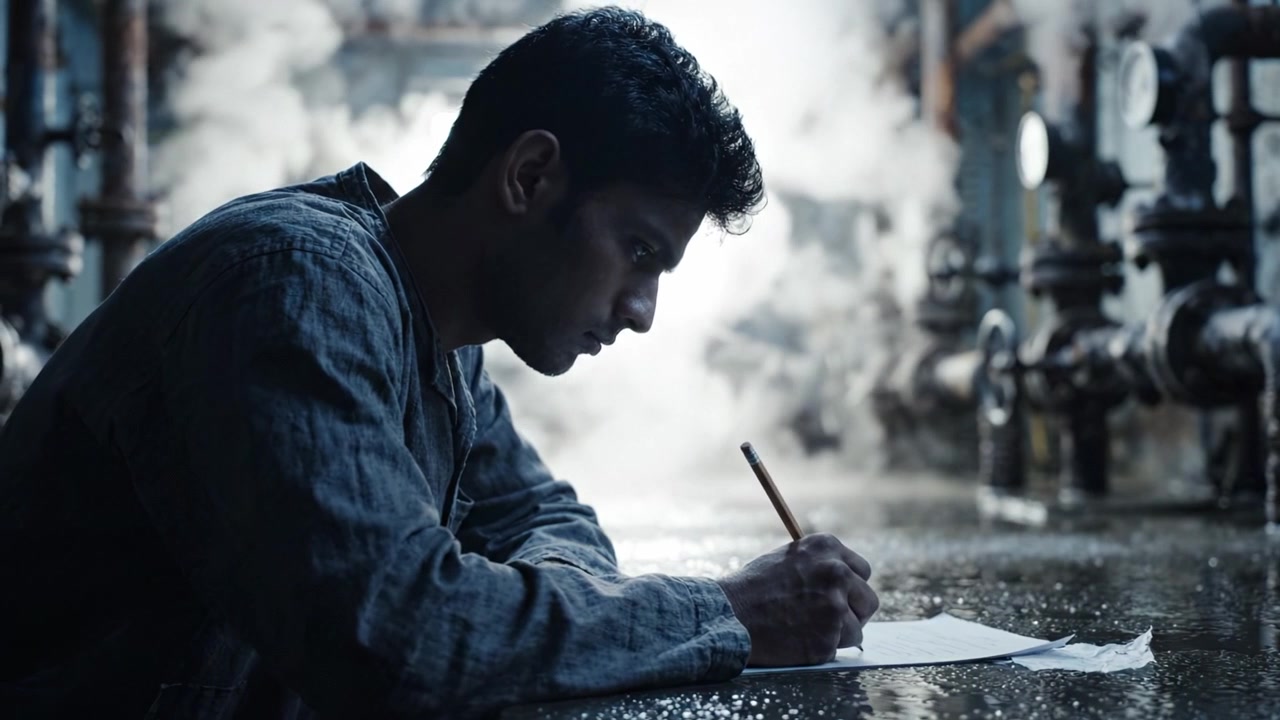 Un momento di riflessione: un giovane uomo immerso nella riflessione mentre scrive su carta, circondato da un ambiente industriale misterioso e pieno di vapore.