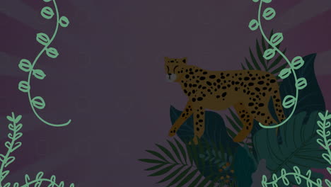 animación de hojas de plantas sobre guepardos y plantas exóticas con espacio de copia sobre fondo oscuro