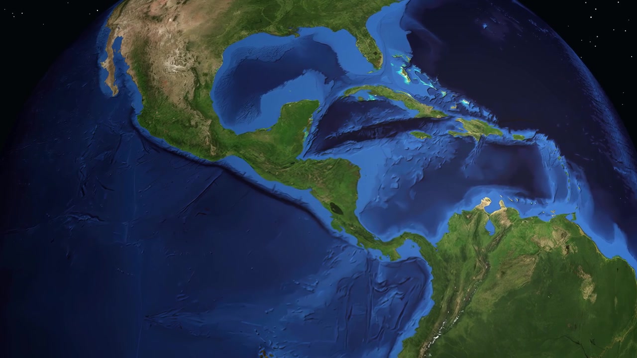 Uma animação digital faz um zoom do espaço para a América Central, localizando Tegucigalpa, Honduras com coordenadas.