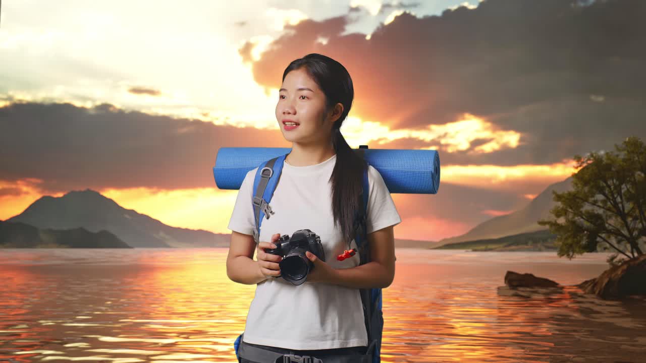 Asian Female Hiker With Mountaineering Backpack Smiling And Holding A Camera In Her Hands Then Looking Around At A Lake