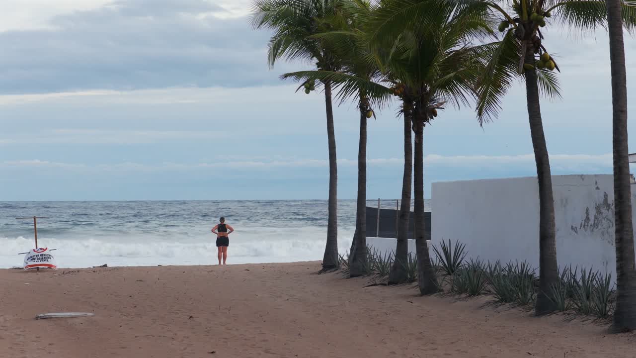 Woman stands facing strong ocean waves on sandy Punta Perula beach lined with palm trees, before hurricane. Dolly in motion, flyby