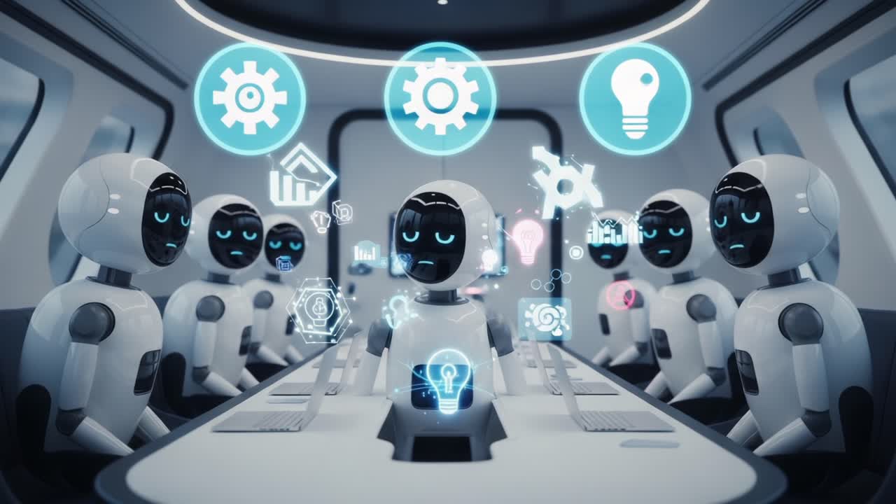 A Gathering of Intelligent Robots Analyzing Data and Innovations in a High-Tech Conference Room with Advanced Visual Displays and Futuristic Technology Concepts