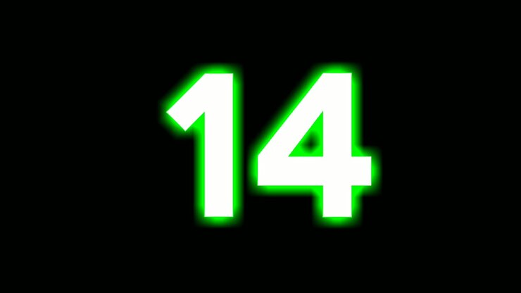 Neon number 14 fourteen sign symbol modern animation motion graphics flicking on black background,green color glowing and shining for video elements