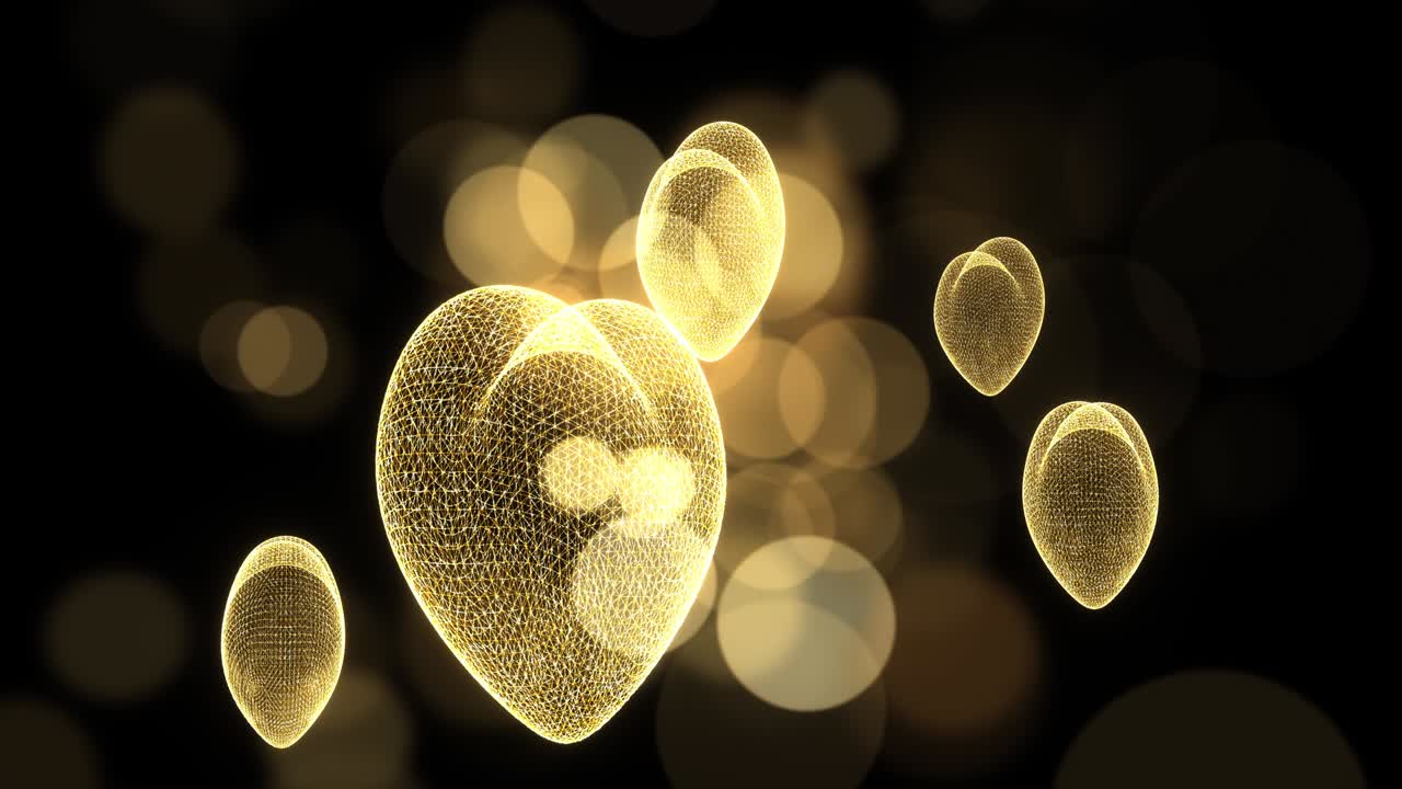 흑색 배경에 황금 bokeh로 회전하는 많은 반이는 심장과 함께 로맨틱한 발렌타인 데이 애니메이션 4k 3d 원활한 루프 추상적인 축제 배경 bokeh 반이는 효과 패턴 텍스처와 심장