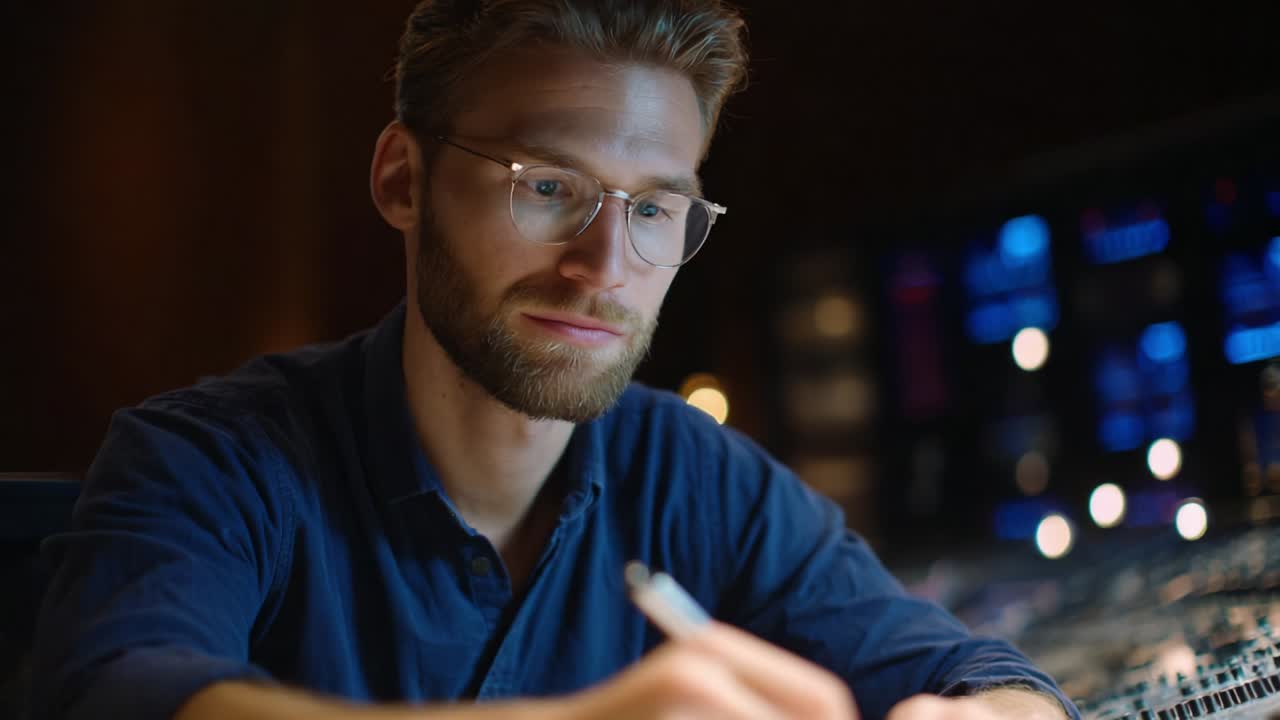 Focused Young Man Analyzing Soundwaves in Recording Studio: Precision and Creativity Merge in the Art of Music Production as He Studies the Visuals Displaying Audio Levels and Mixing Techniques