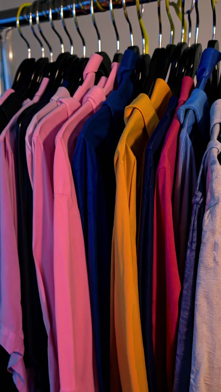 Rack of various colorful shirts hanging neatly in a clothing store, showcasing a vibrant neon color palette, creating an eye catching display for shoppers
