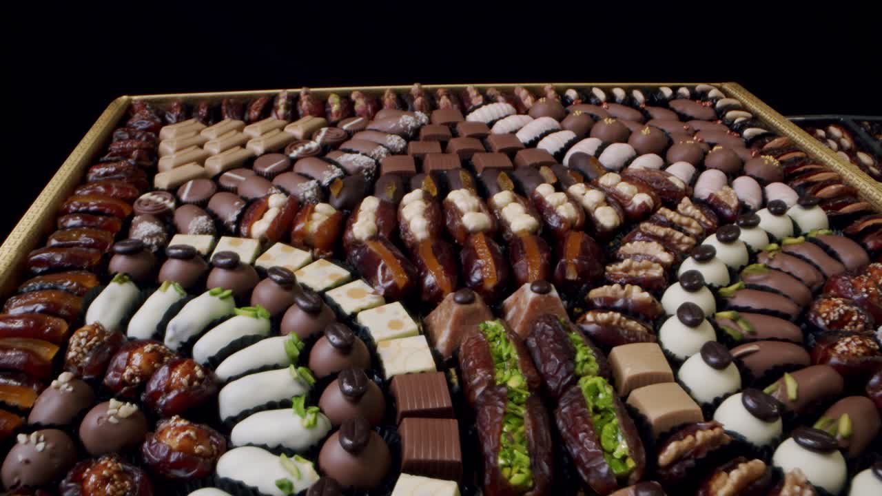 deliciosos dátiles gourmet de color chocolate en exhibición - primer plano