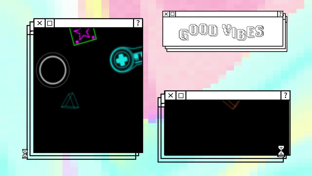 Animation of digital interfaces with moving shapes and good vibes text on colourful background