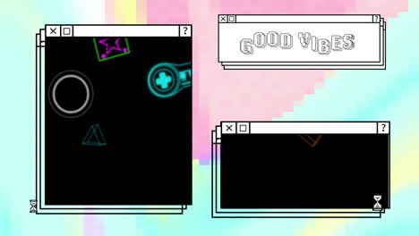animation of digital interfaces with moving shapes and good vibes text on colourful background