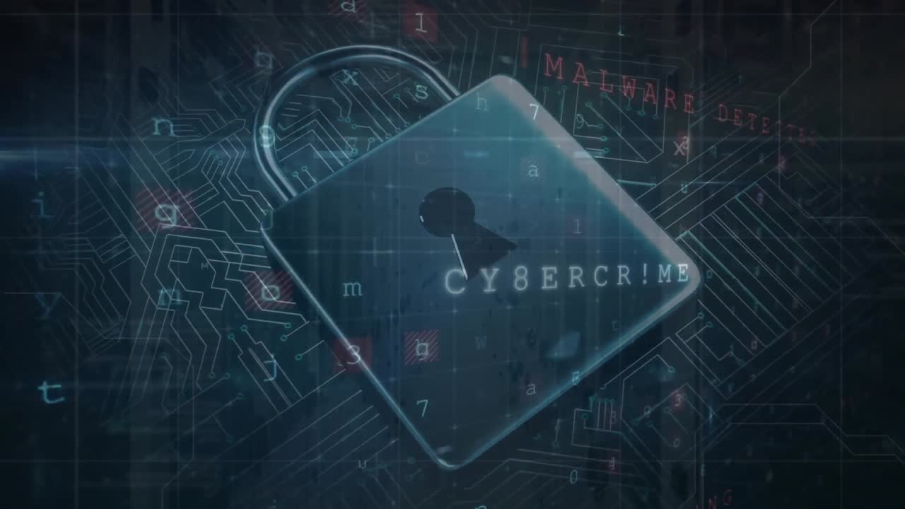 Animation of security padlock icon and cyber security data processing against computer server room