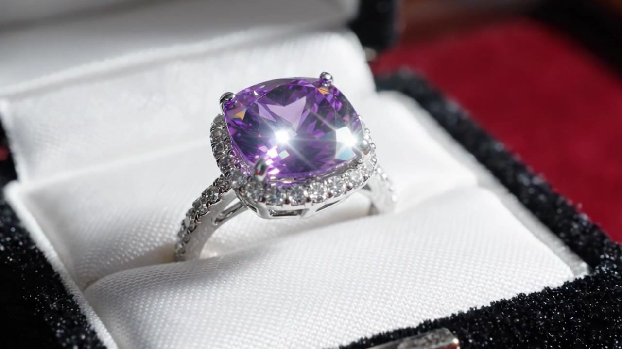 En fantastisk smykkesamling som viser frem en elegant lilla ring plassert i en luksuriøs innfatning med glitrende aksenter og sofistikerte designelementer