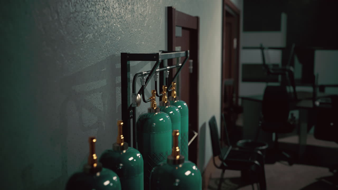Bombole di gas compresso allineano una parete in un ambiente industriale scarsamente illuminato.