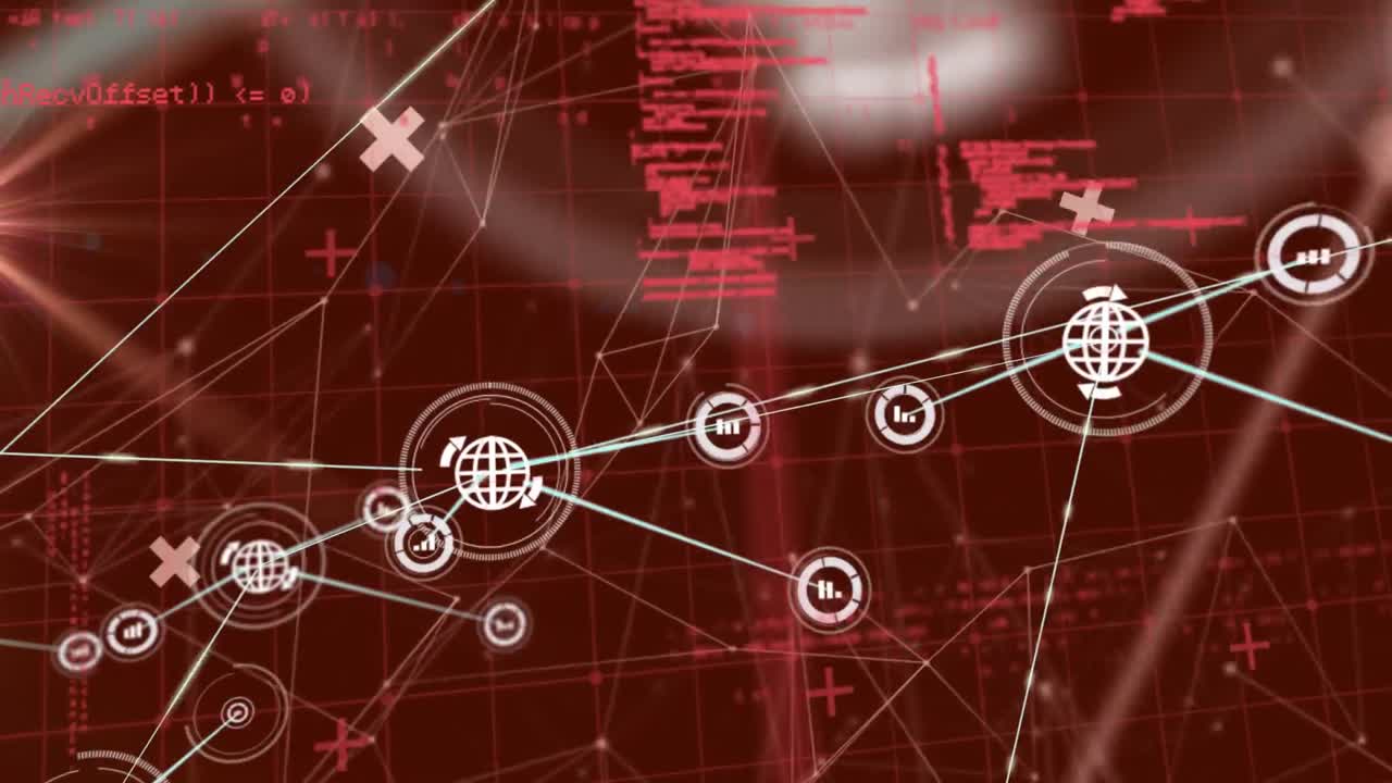 animación del procesamiento de datos e iconos sobre fondo rojo