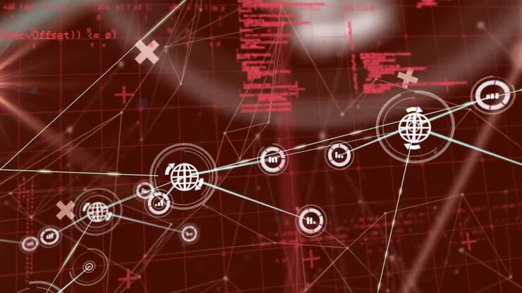 Animation of data processing and icons over red background
