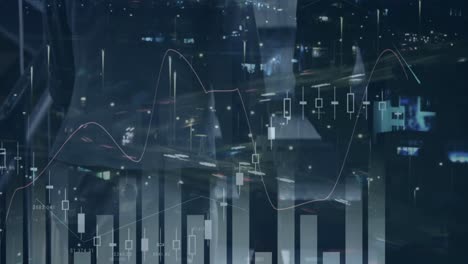 Animation-Der-Statistikverarbeitung-über-Geschäftsleute-Und-Stadtlandschaft