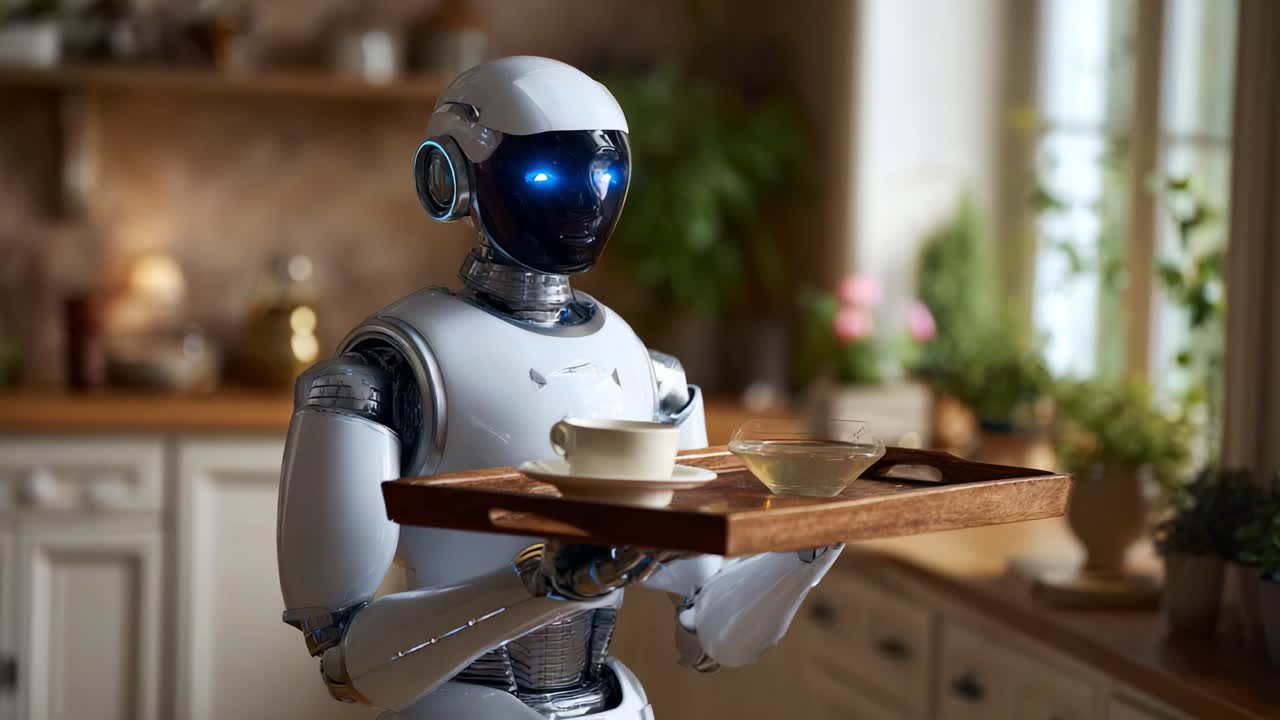 A futuristic robot serving tea and snacks with precision, showcasing advanced technology in a modern kitchen setting that merges comfort and innovation seamlessly