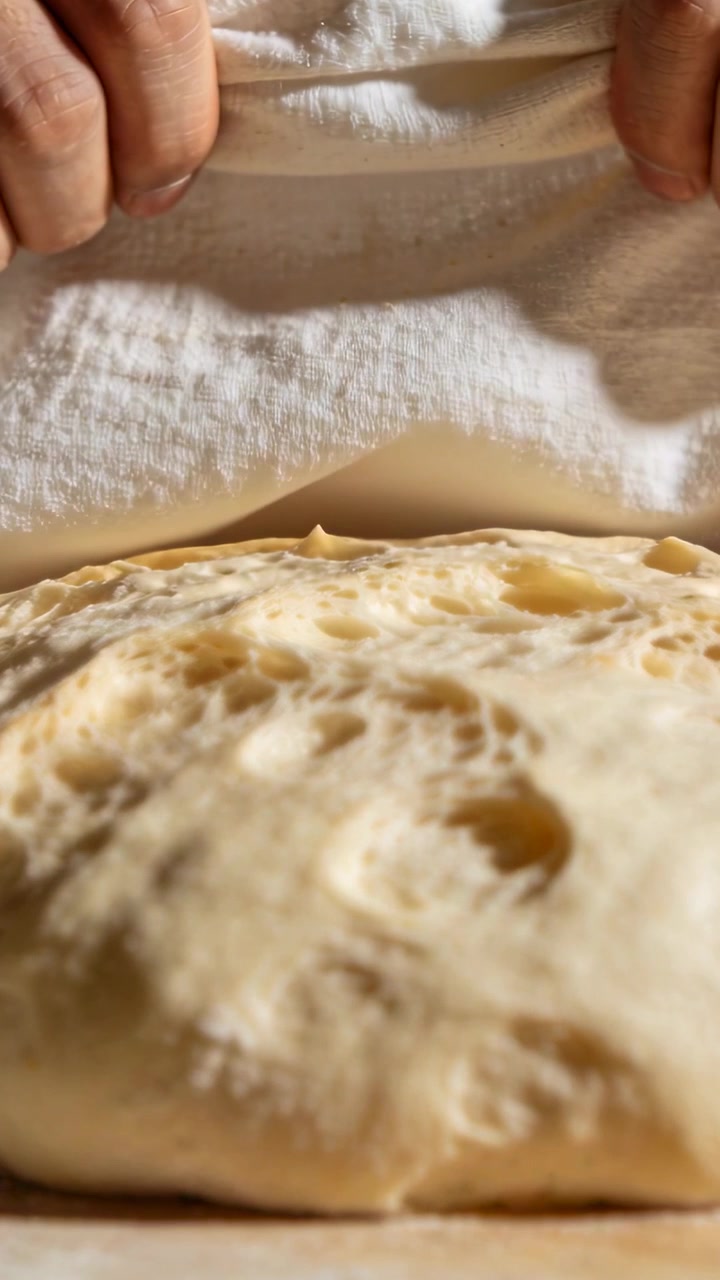 Vertical video: Lifting hands revealing risen dough on floured board under white towel, for shaping