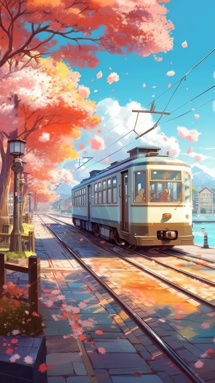Charming anime-style video scene of a vintage tram on a sunlit street with cherry blossoms