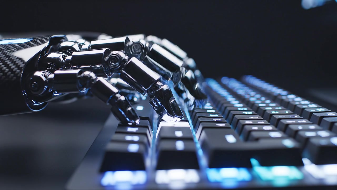 Robotic Cyborg Hand Typing on a Glowing Computer Keyboard