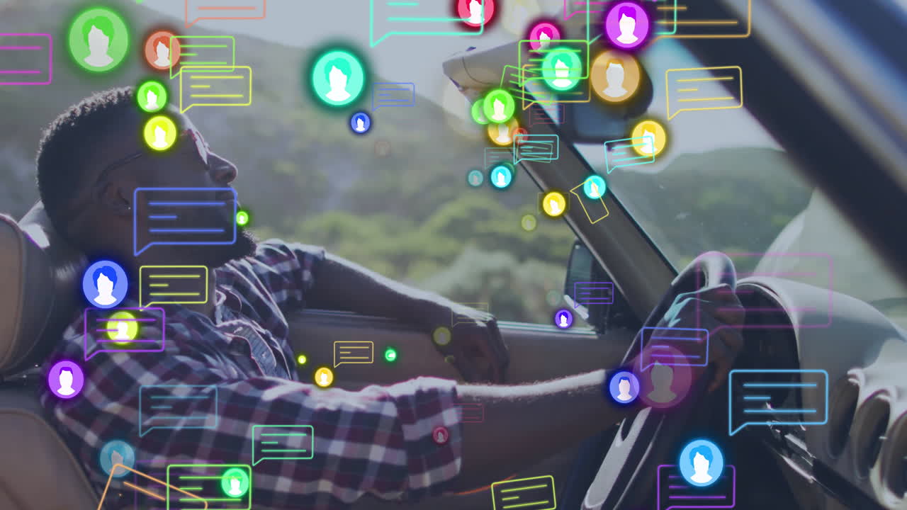 male driver leaning back in car, showing chat technology with floating bubbles and avatar icons
